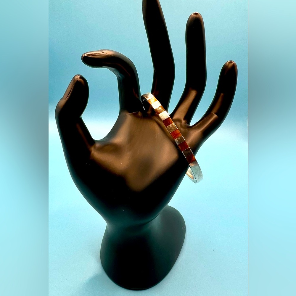Beautiful Vintage 925 Mexican Sterling Silver Bracelet Cuff, Bronze Stone Design